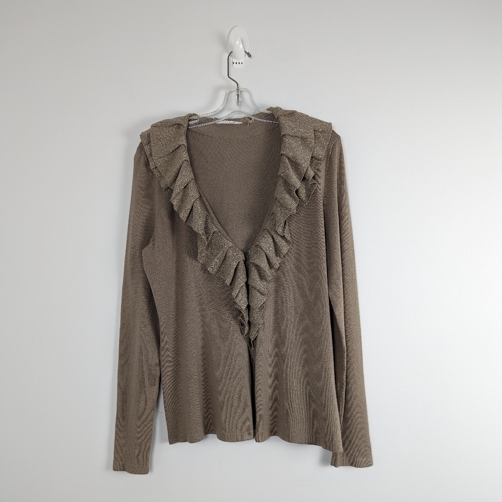 Women's Tahari Lurex Ruffle Trim Cardigan Size L